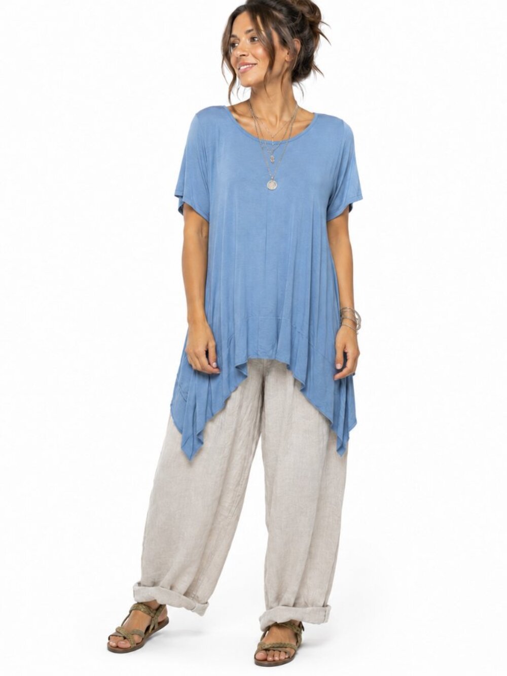 POL Tunic Top Womens S Blue Asymmetrical Handkerchief Hem Boho Lagenlook
